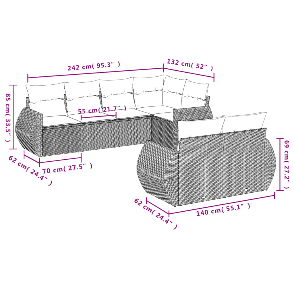 vidaXL 7-delige Loungeset met kussens poly rattan zwart