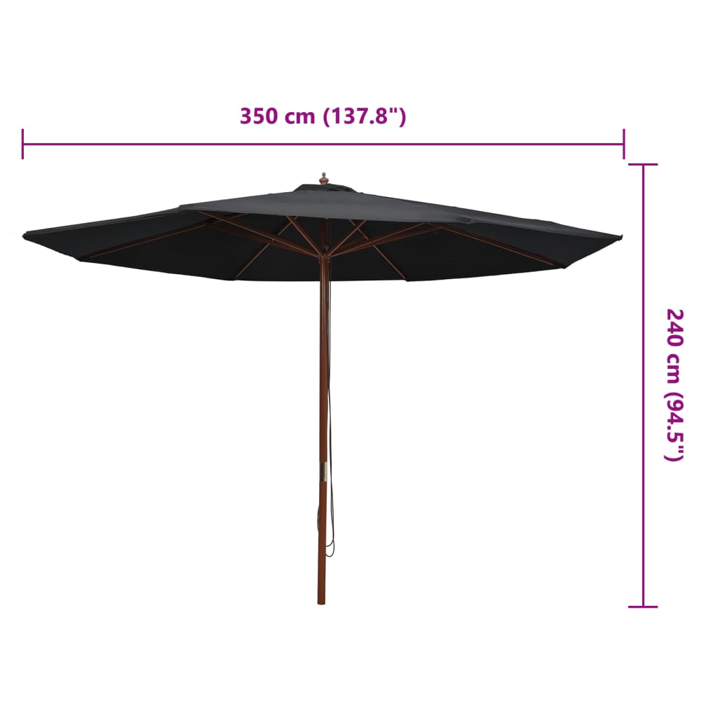vidaXL Parasol met houten paal 350 cm zwart