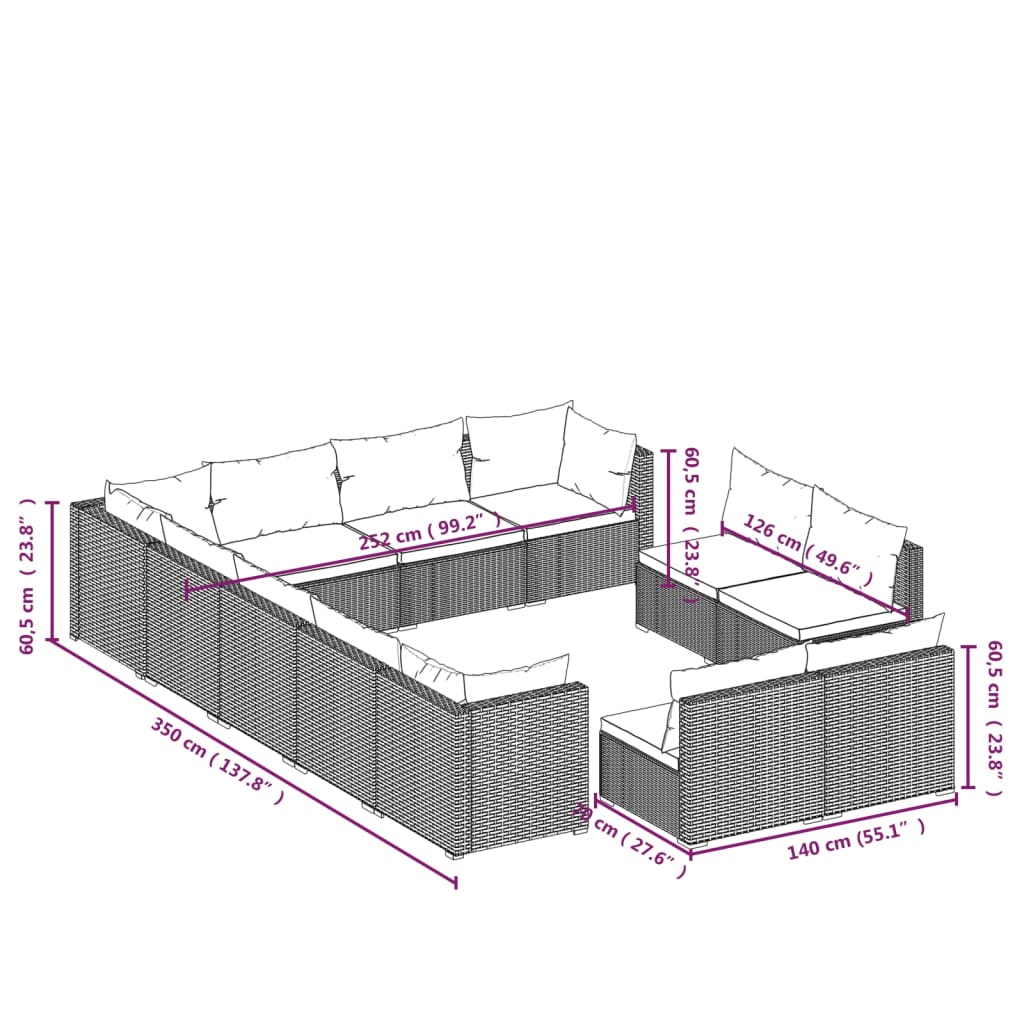 vidaXL 12-delige Loungeset met kussens poly rattan bruin