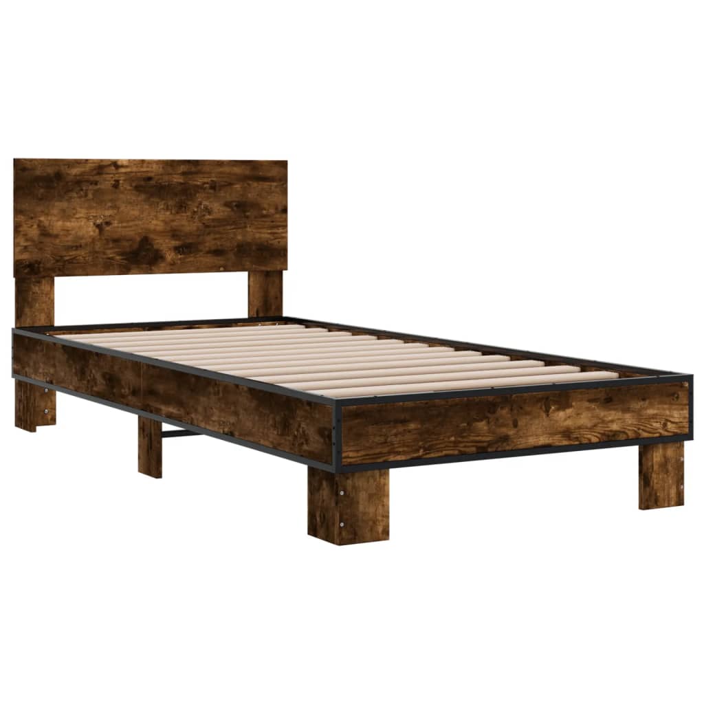 vidaXL Bedframe bewerkt hout en metaal gerookt eikenkleurig 100x200 cm