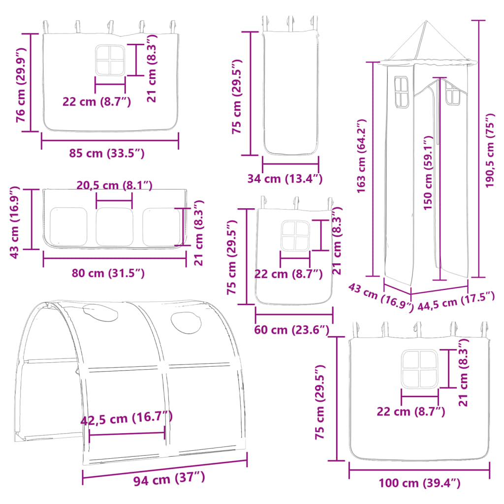 vidaXL Stapelbed met glijbaan en gordijnen roze 80x200 cm