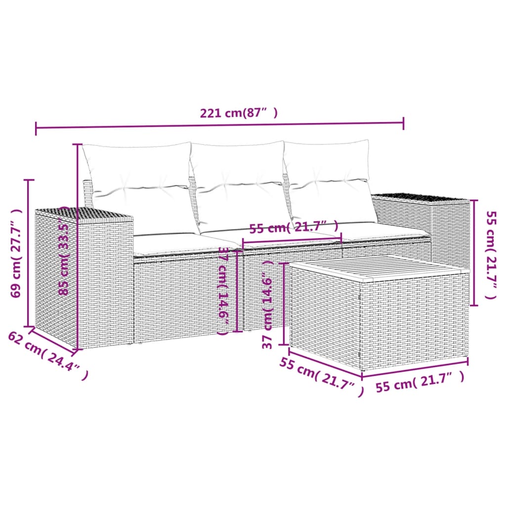 vidaXL 4-delige Loungeset met kussens poly rattan beige