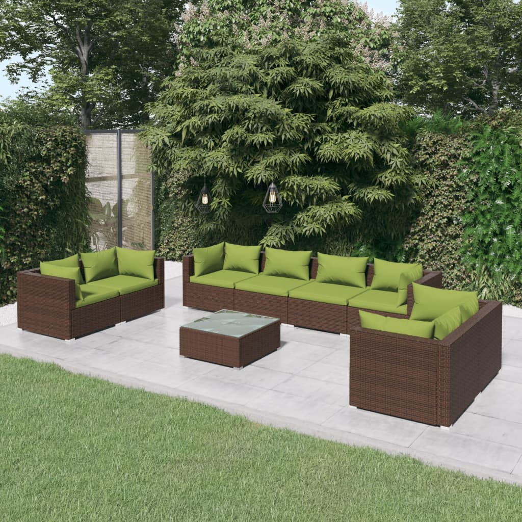 vidaXL 9-delige Loungeset met kussens poly rattan bruin