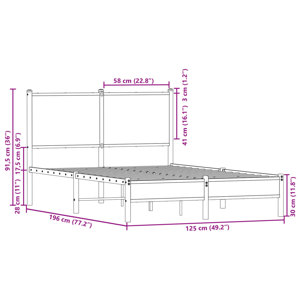 vidaXL Bedframe met hoofdbord metaal bruin eikenkleurig 120x190 cm