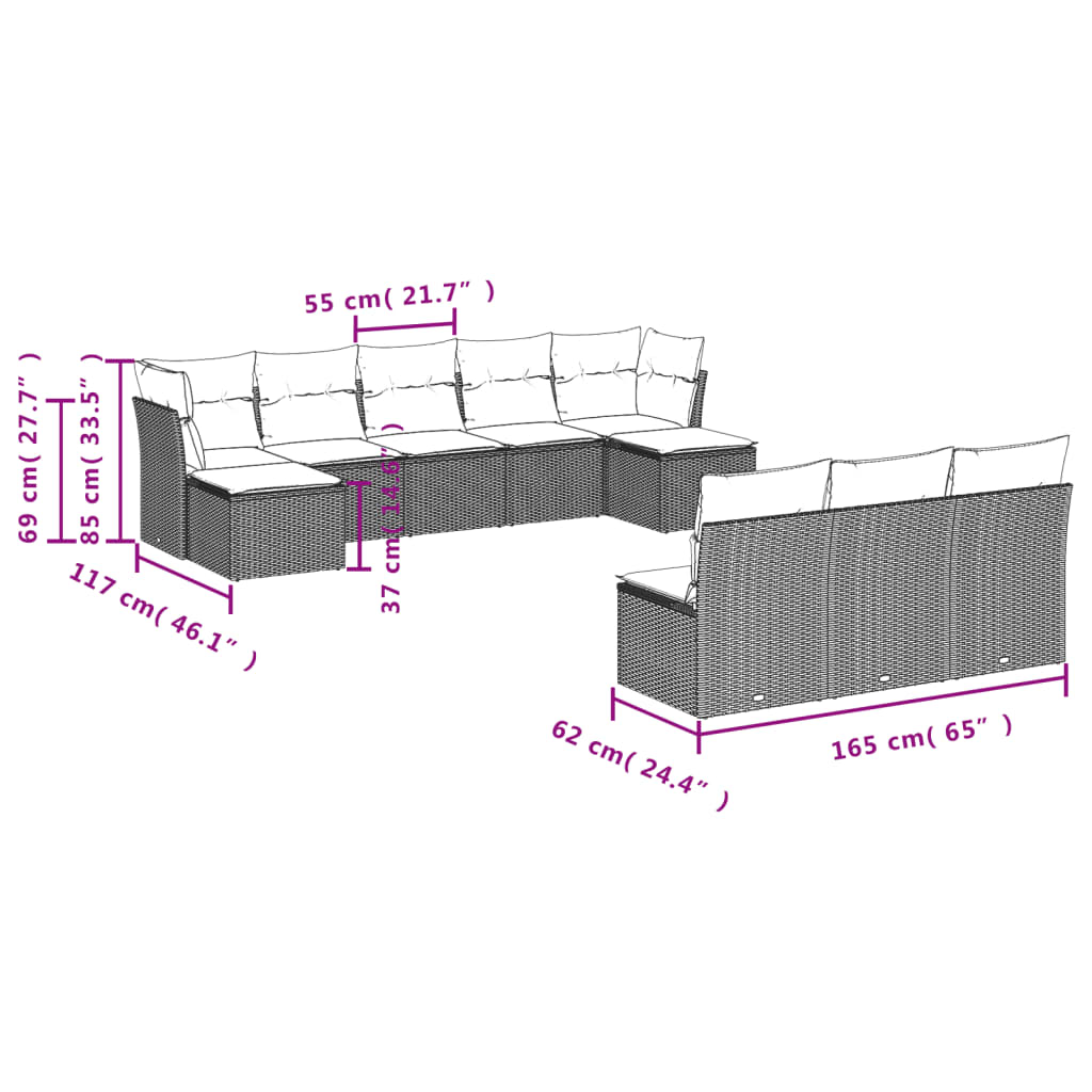 vidaXL 10-delige Loungeset met kussens poly rattan grijs