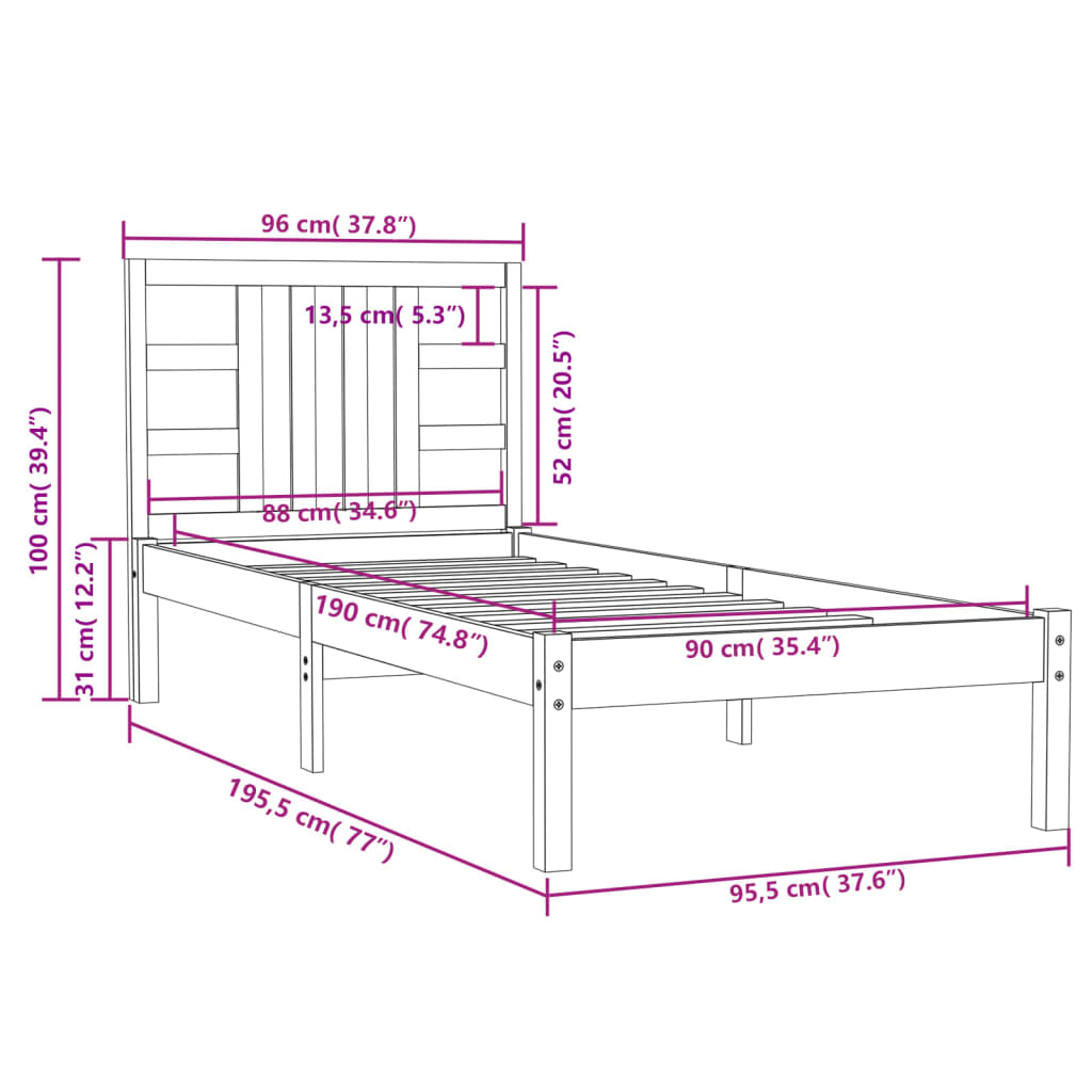 vidaXL Bedframe massief hout zwart 90x190 cm