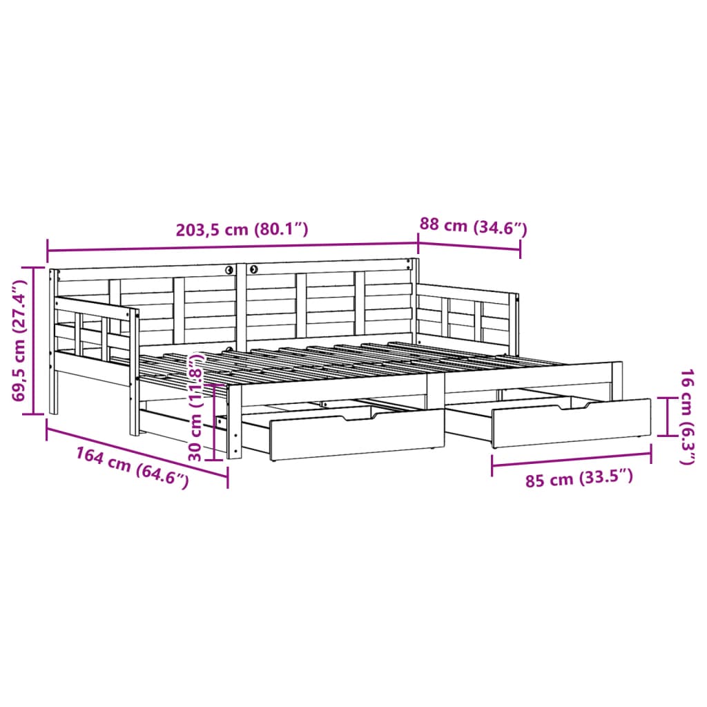 vidaXL Slaapbank met onderschuifbed en lades 80x200 cm grenenhout