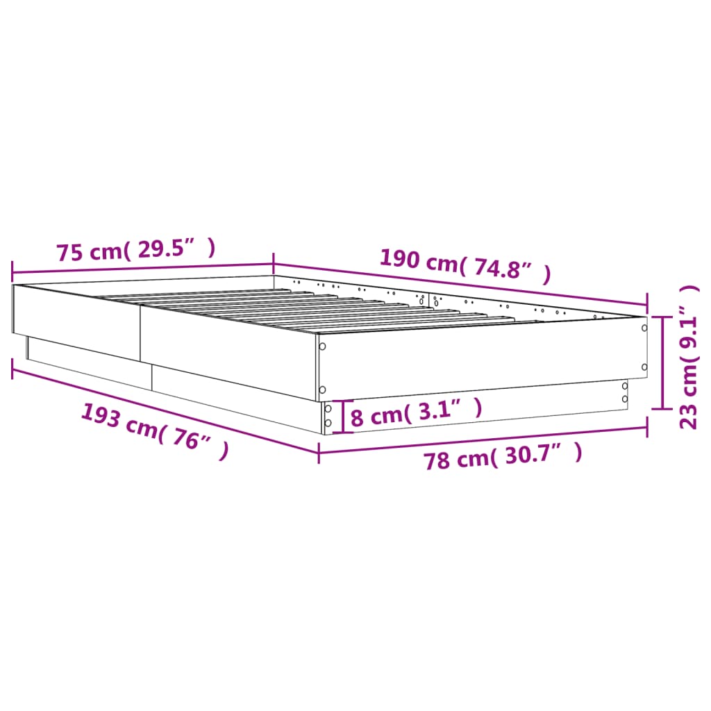 vidaXL Bedframe bewerkt hout betongrijs 75x190 cm