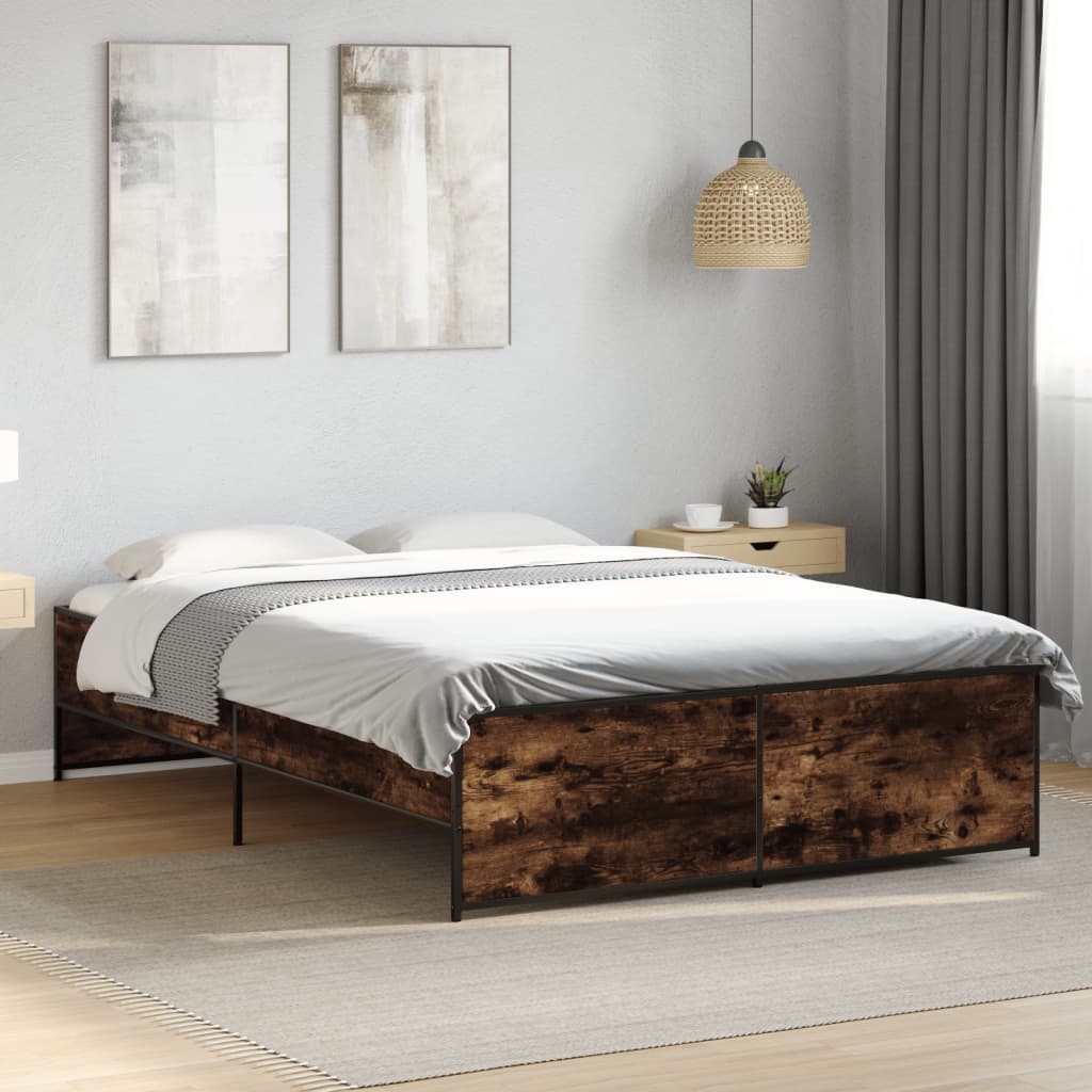 vidaXL Bedframe bewerkt hout metaal gerookt eikenkleurig 140x190 cm