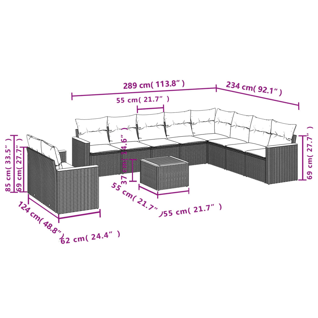 vidaXL 11-delige Loungeset met kussens poly rattan zwart