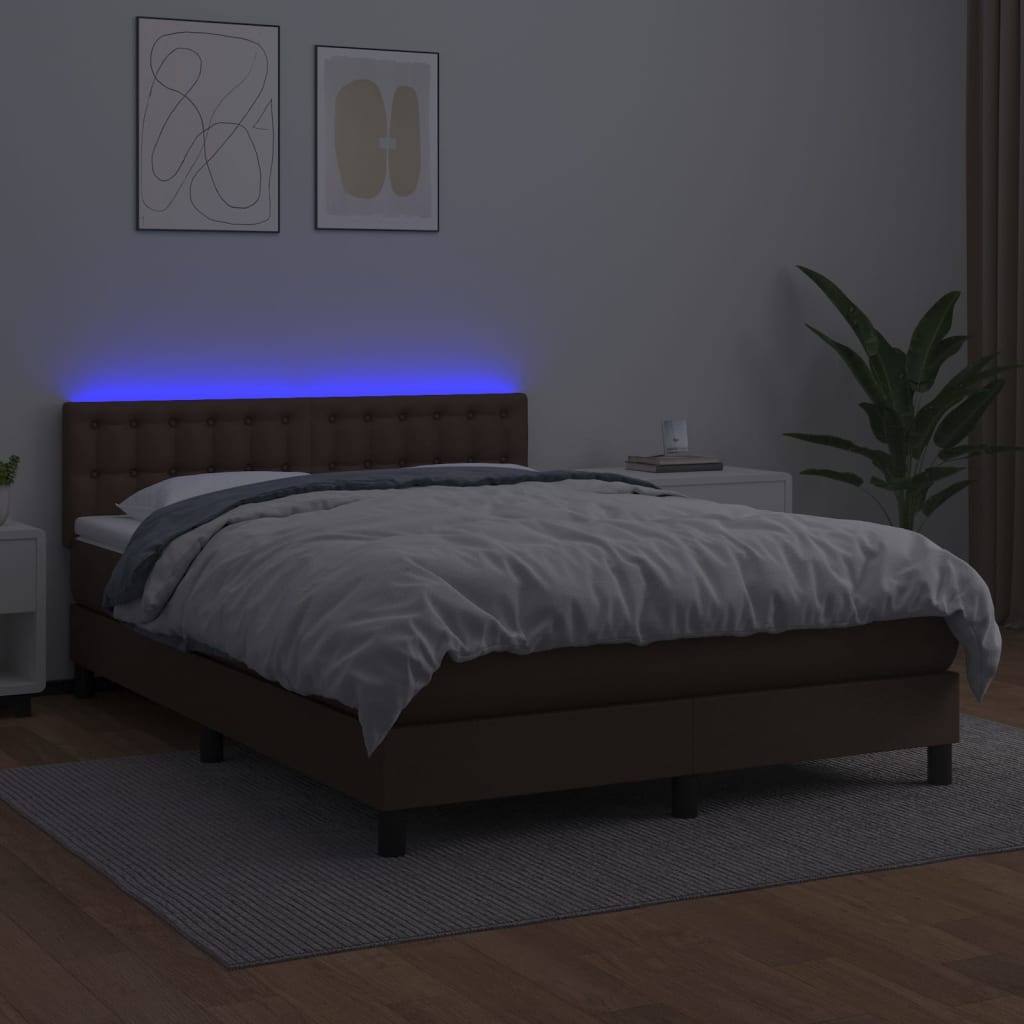 vidaXL Boxspring met matras en LED kunstleer bruin 140x200 cm