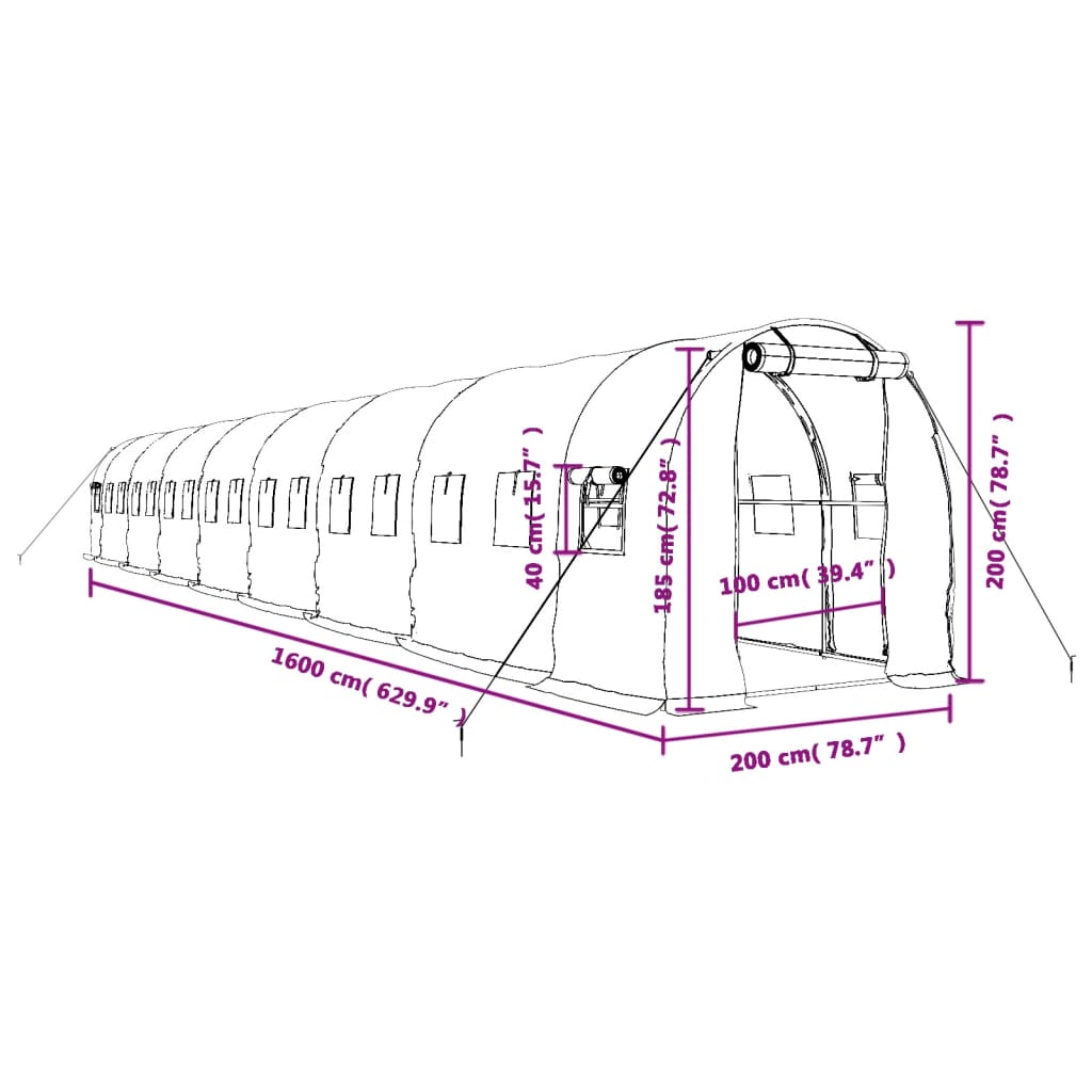 vidaXL Tuinkas met stalen frame 32 m² 16x2x2 m groen