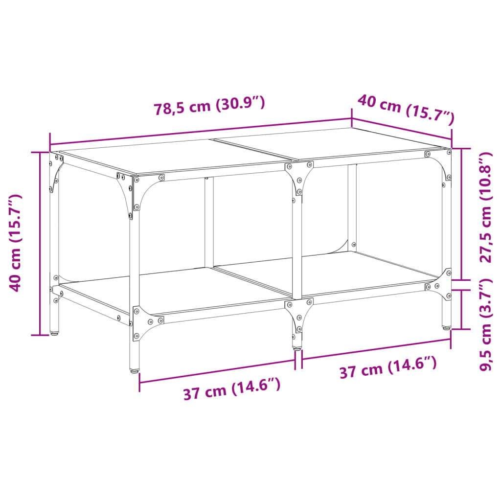 vidaXL Salontafel met transparant glazen blad 78,5x40x40 cm staal