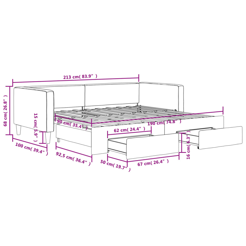 vidaXL Slaapbank onderschuifbed en lades 90x190 cm stof donkergrijs