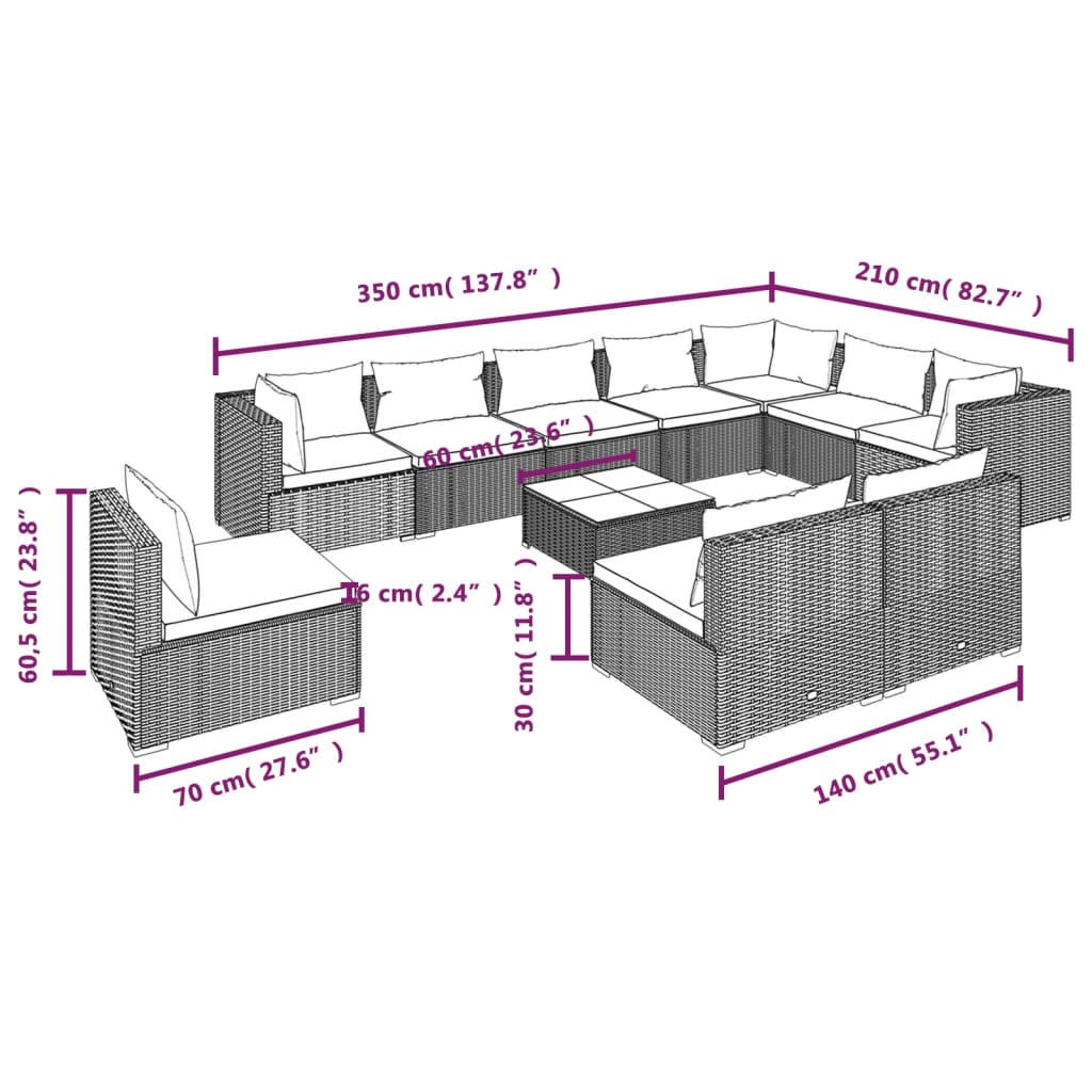 vidaXL 11-delige Loungeset met kussens poly rattan zwart