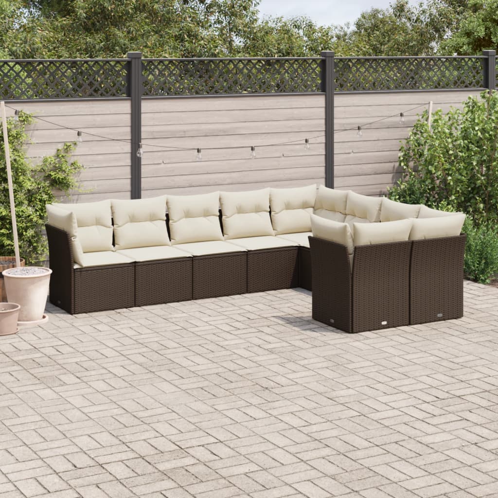 vidaXL 9-delige Loungeset met kussens poly rattan bruin