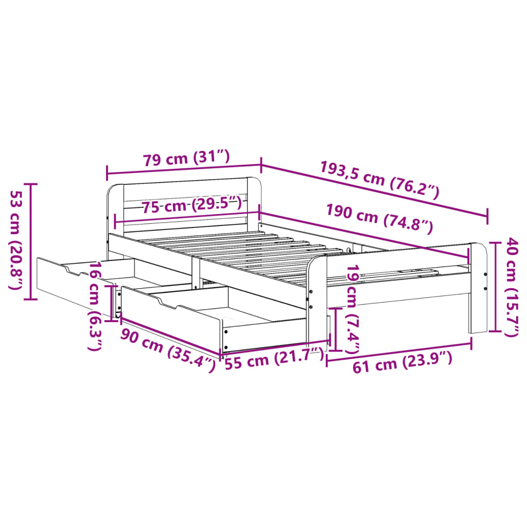 vidaXL Bedframe zonder matras massief grenenhout 75x190 cm