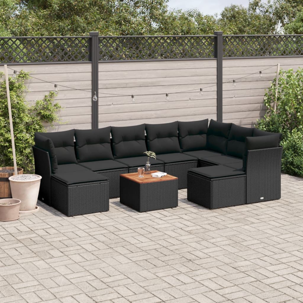 vidaXL 10-delige Loungeset met kussens poly rattan zwart