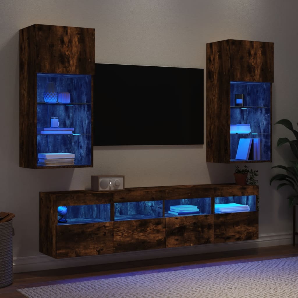 vidaXL 5-delige tv-wandmeubelset met LED bewerkt hout gerookt eiken