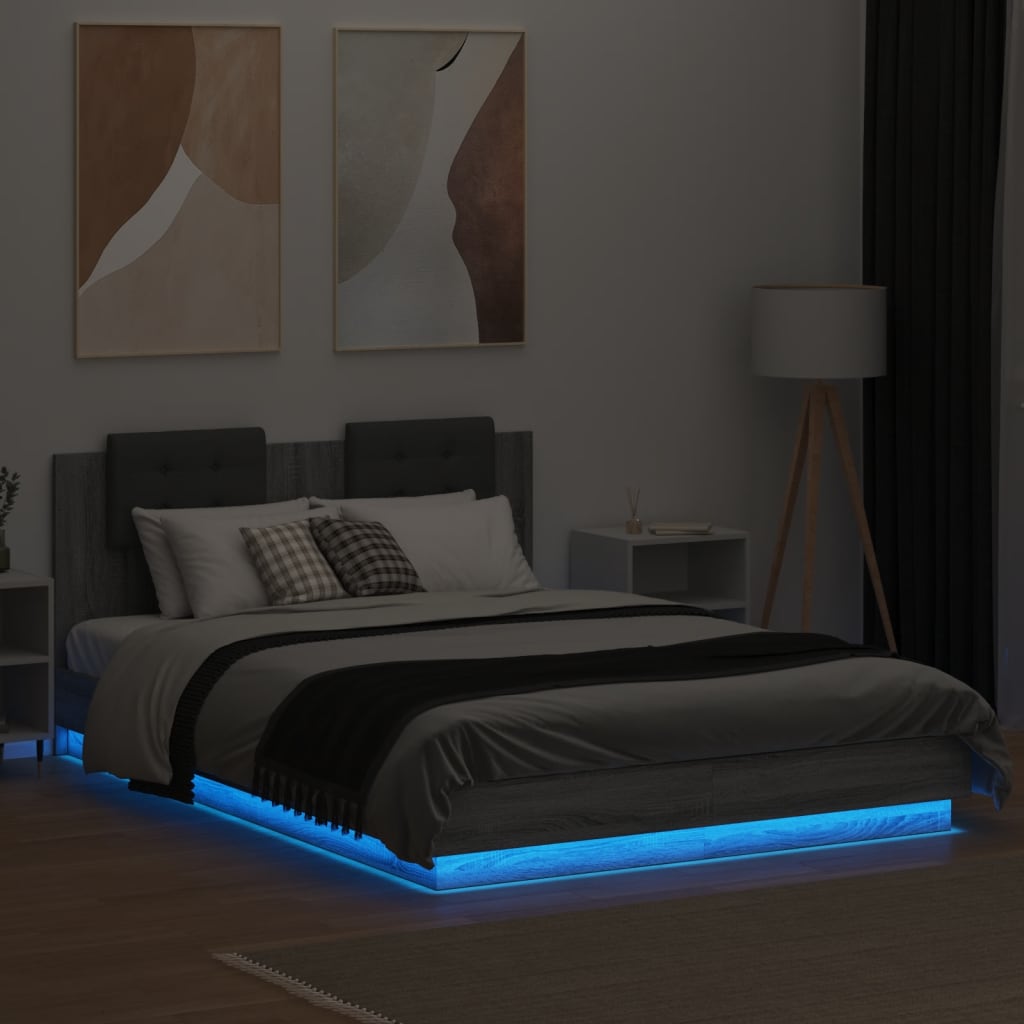 vidaXL Bedframe met hoofdbord en LED grijs sonoma eiken 140x200 cm