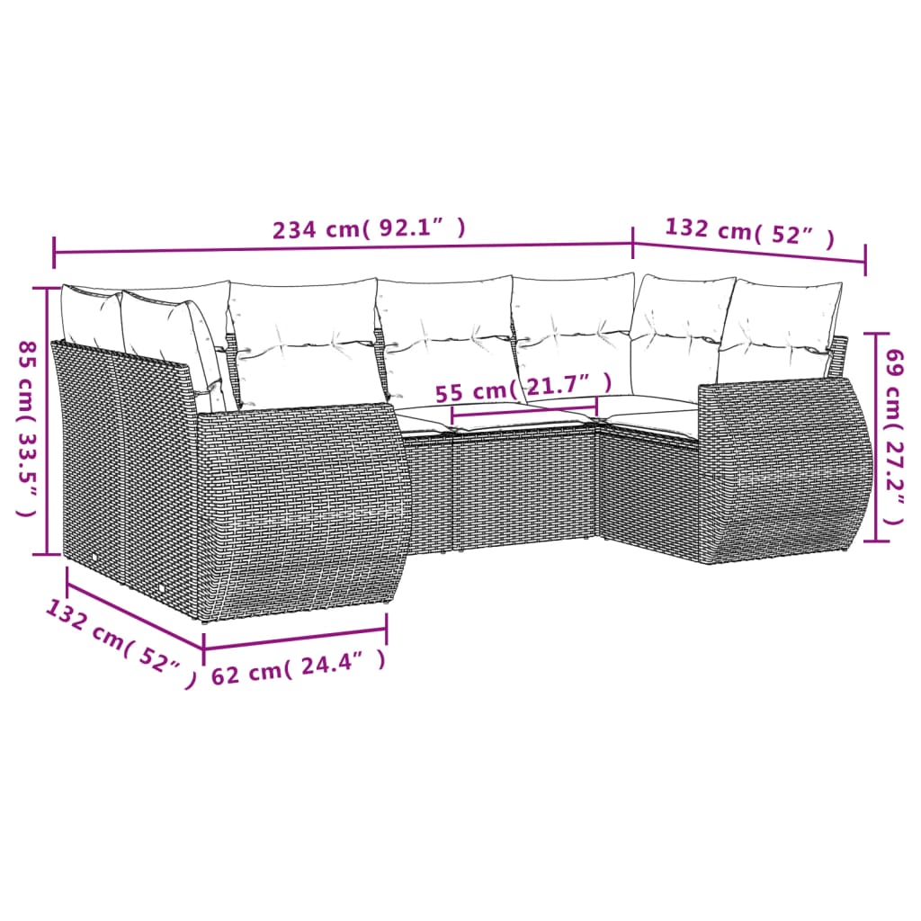 vidaXL 6-delige Loungeset met kussens poly rattan beige