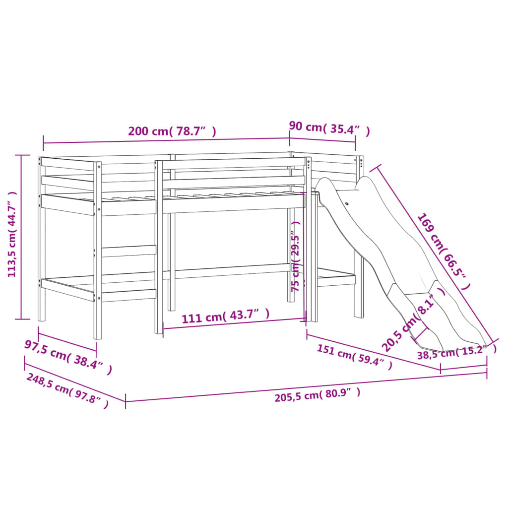 vidaXL Kinderhoogslaper met gordijnen 90x200 cm grenenhout roze