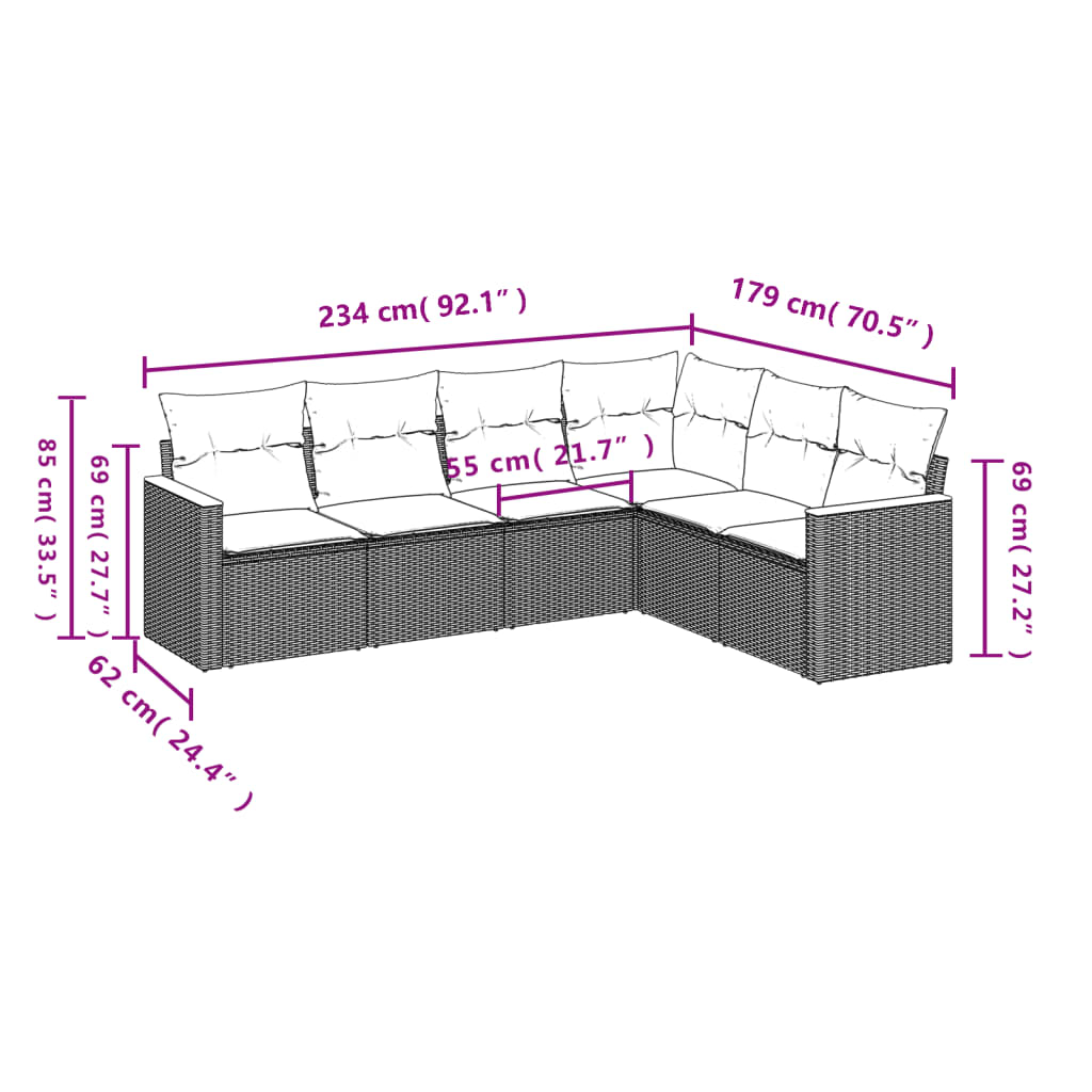 vidaXL 6-delige Loungeset met kussens poly rattan grijs