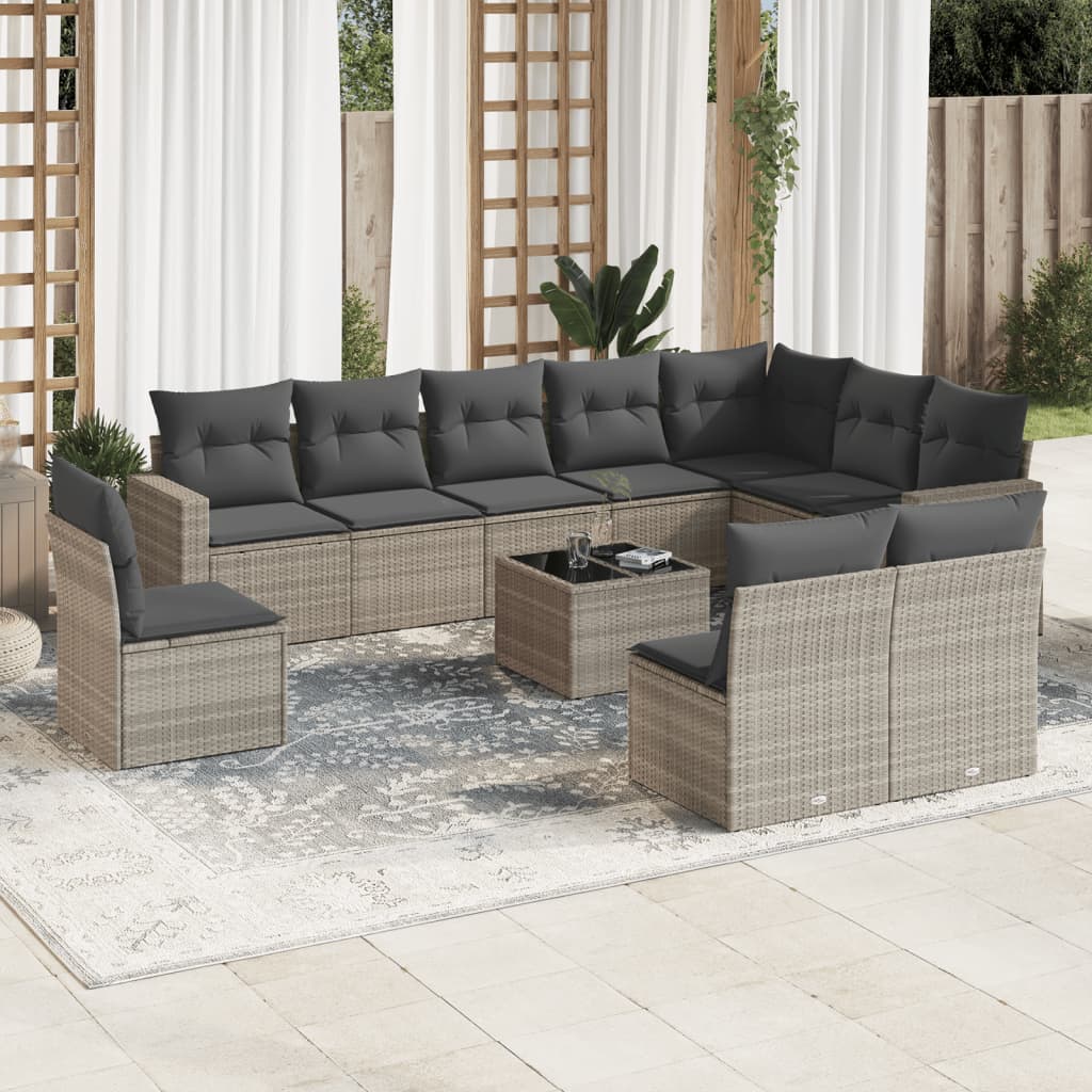 vidaXL 11-delige Loungeset met kussens poly rattan lichtgrijs