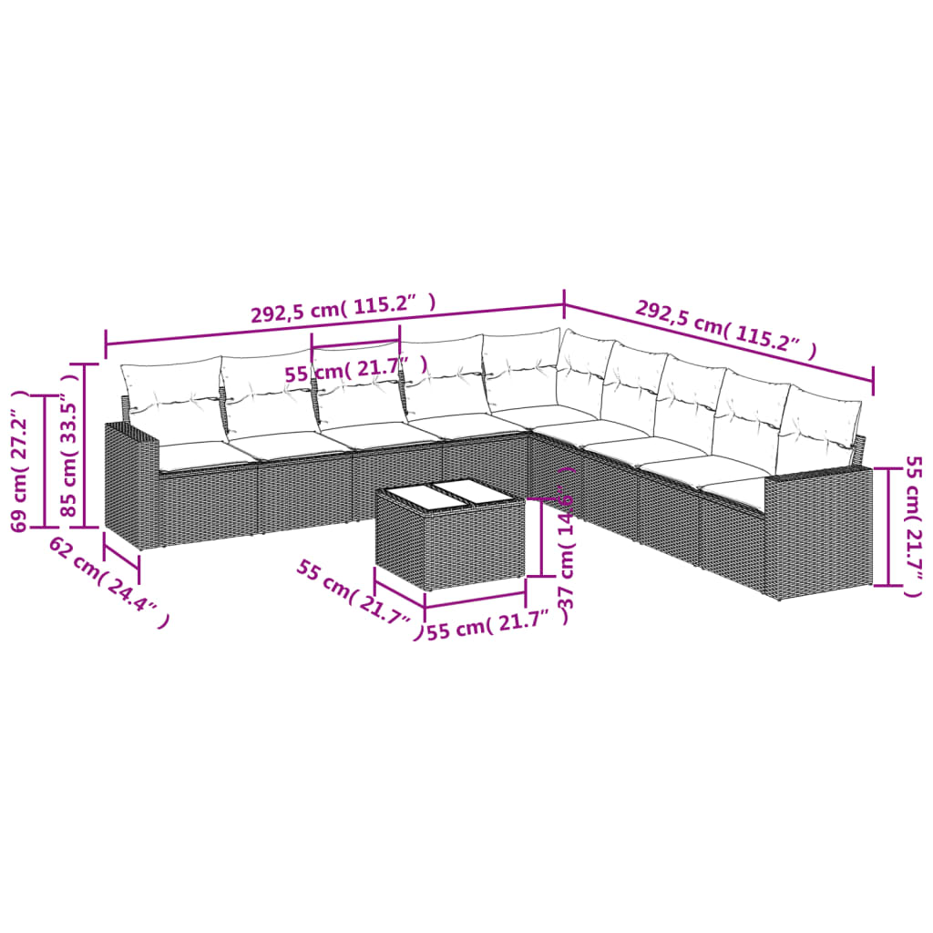 vidaXL 10-delige Loungeset met kussens poly rattan lichtgrijs