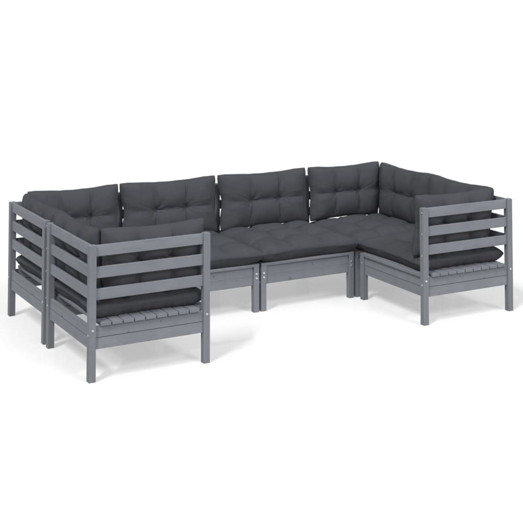 vidaXL 6-delige Loungeset met kussens grenenhout grijs