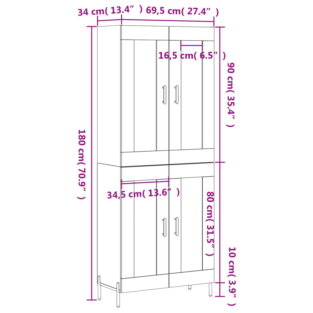 vidaXL Hoge kast 69,5x34x180 cm bewerkt hout betongrijs