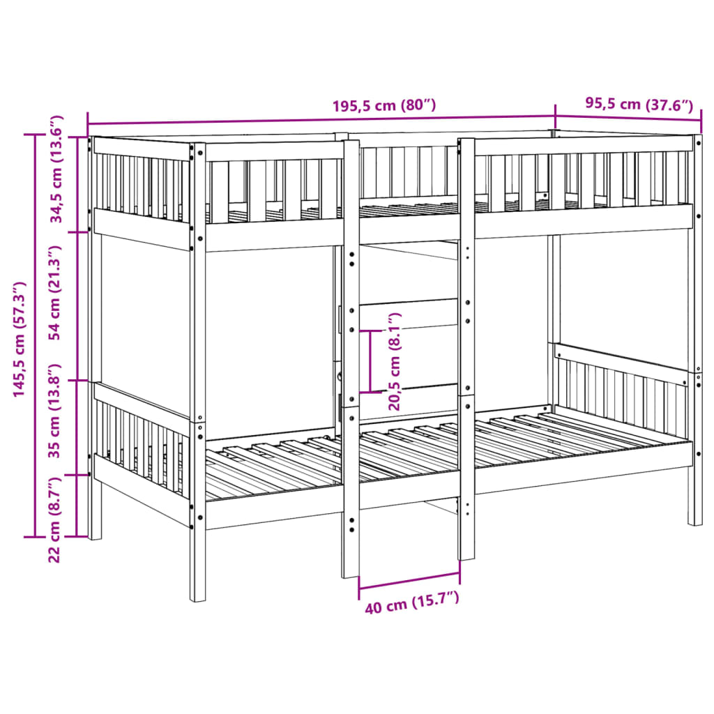 vidaXL Stapelbed massief grenenhout wasbruin 90x190 cm