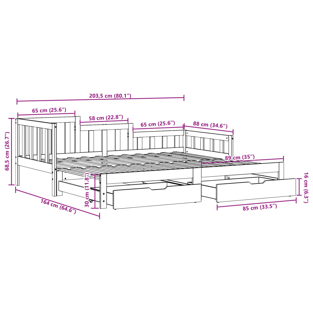 vidaXL Slaapbank met onderschuifbed en lades 80x200 cm grenenhout wit