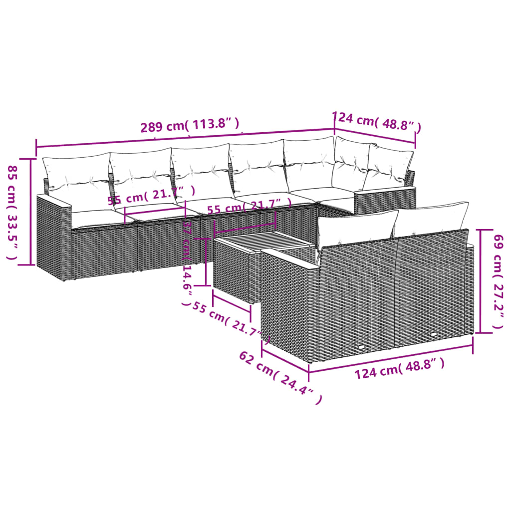 vidaXL 9-delige Loungeset met kussens poly rattan zwart