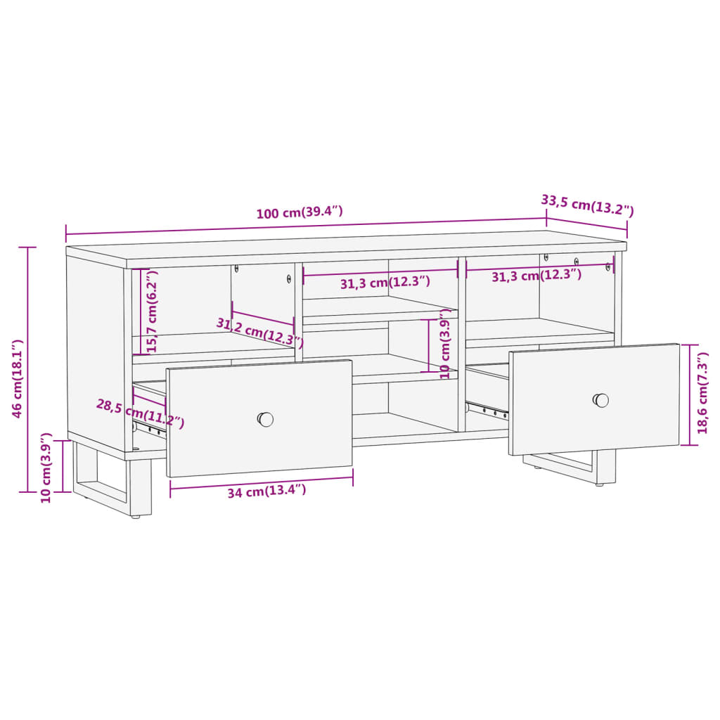 vidaXL Tv-meubel 100x33,5x46 cm massief mangohout bruin en zwart