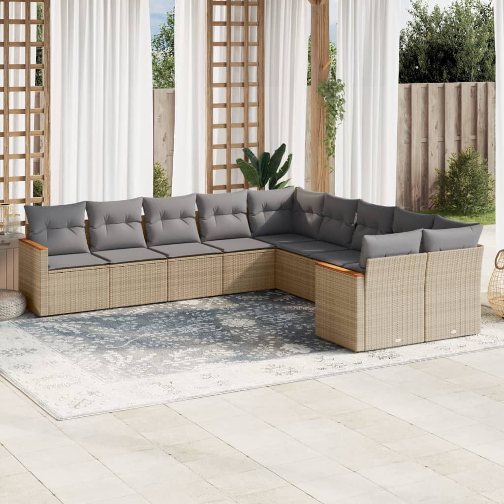 vidaXL 10-delige Loungeset met kussens poly rattan gemengd beige