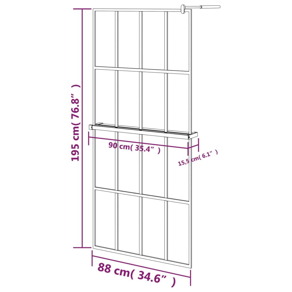 vidaXL Inloopdouchewand met schap 90x195 cm ESG-glas aluminium zwart