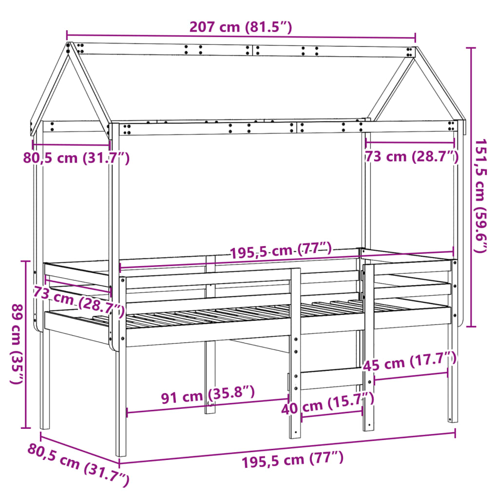 vidaXL Hoogslaper met dak massief grenenhout wasbruin 75x190 cm