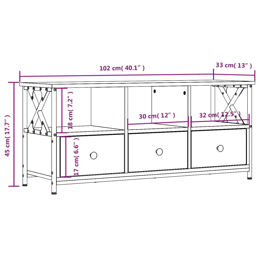 vidaXL Tv-meubel 102x33x45 cm bewerkt hout en ijzer bruin eikenkleur