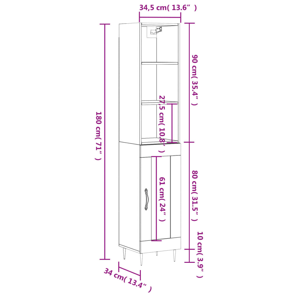 vidaXL Hoge kast 34,5x34x180 cm bewerkt hout betongrijs