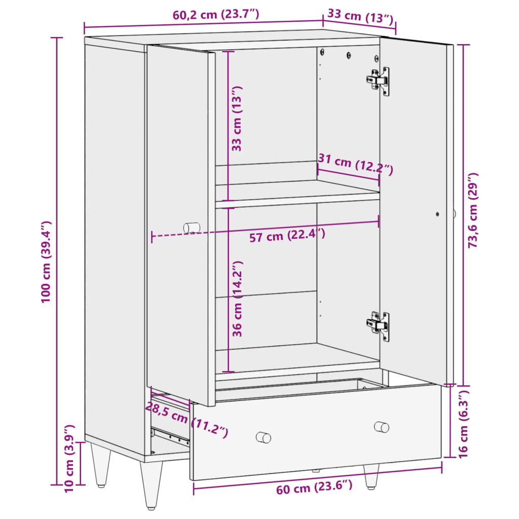 vidaXL Hoge kast 60x33x100 cm massief mangohout