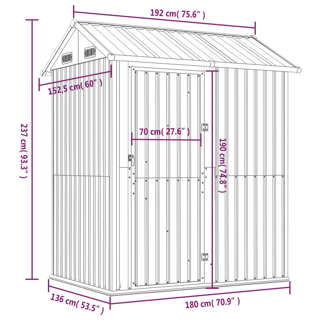 vidaXL Tuinschuur 192x152,5x237 cm gegalvaniseerd staal lichtgrijs