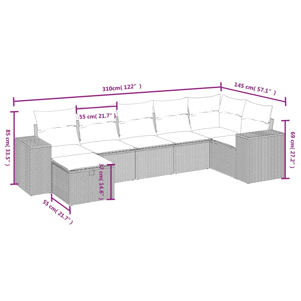 vidaXL 7-delige Loungeset met kussens poly rattan lichtgrijs