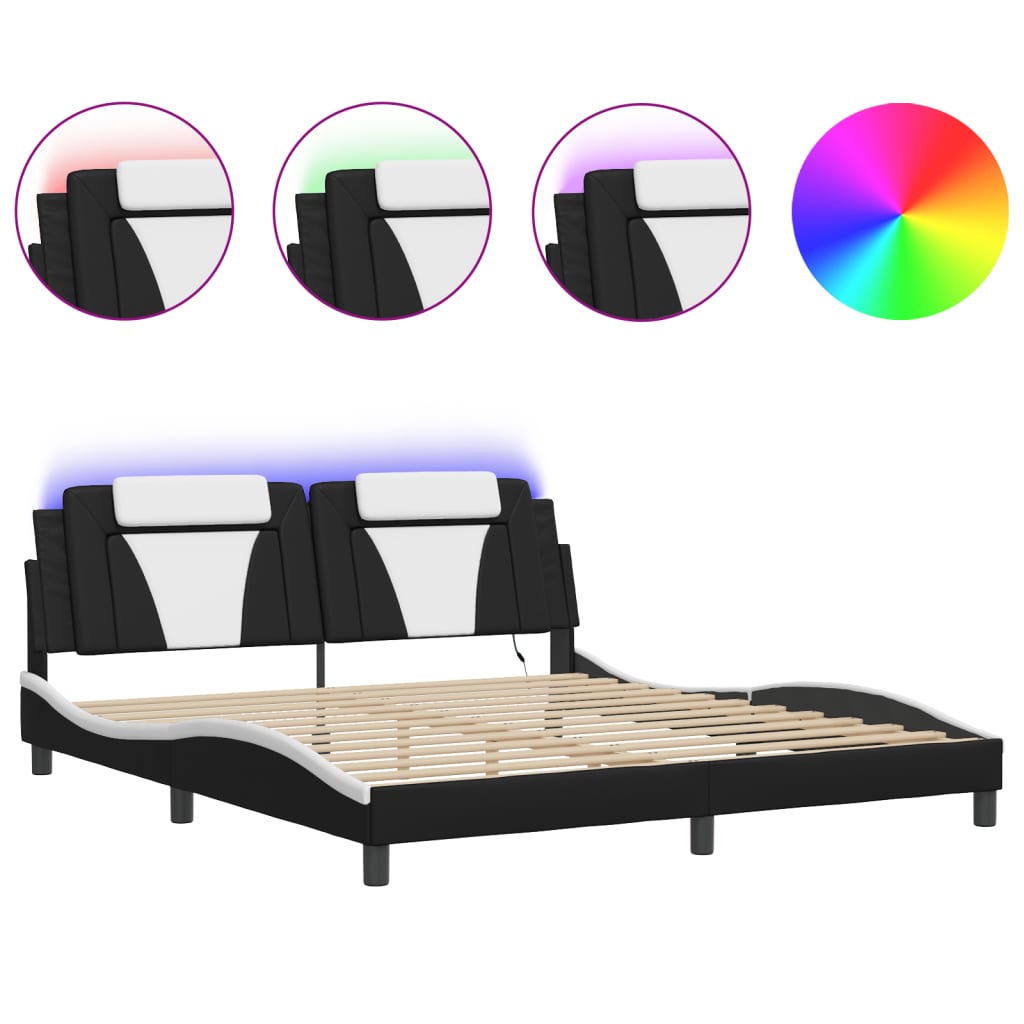 vidaXL Bedframe met LED-verlichting kunstleer zwart en wit 180x200 cm