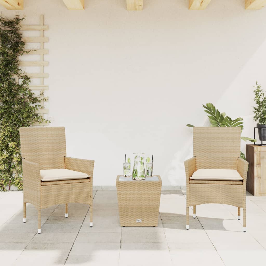 vidaXL 3-delige Bistroset met kussens poly rattan en glas beige