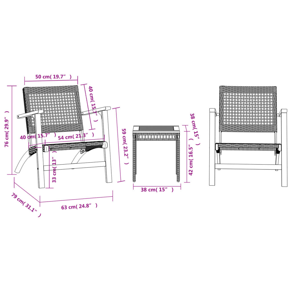 vidaXL 3-delige Bistroset poly rattan en massief acaciahout zwart