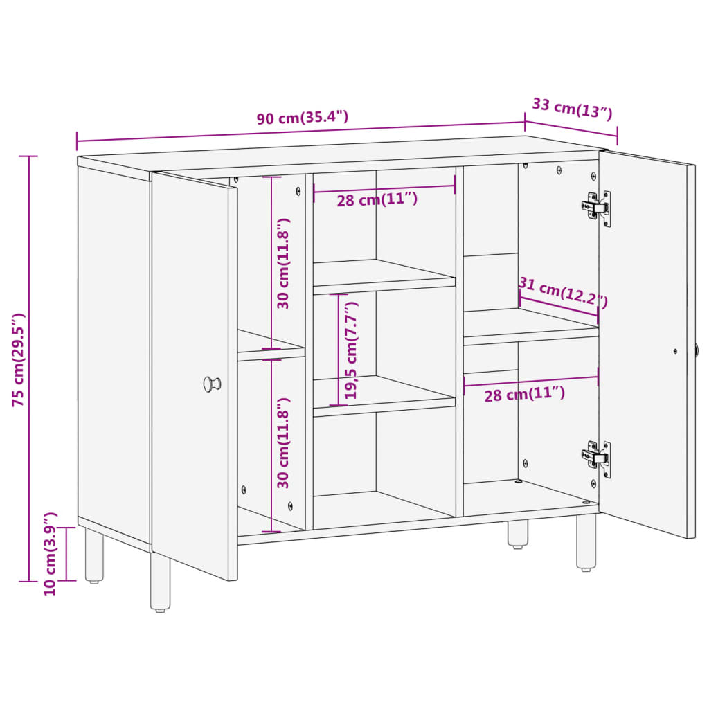 vidaXL Bijzetkast 90x33x75 cm massief mangohout