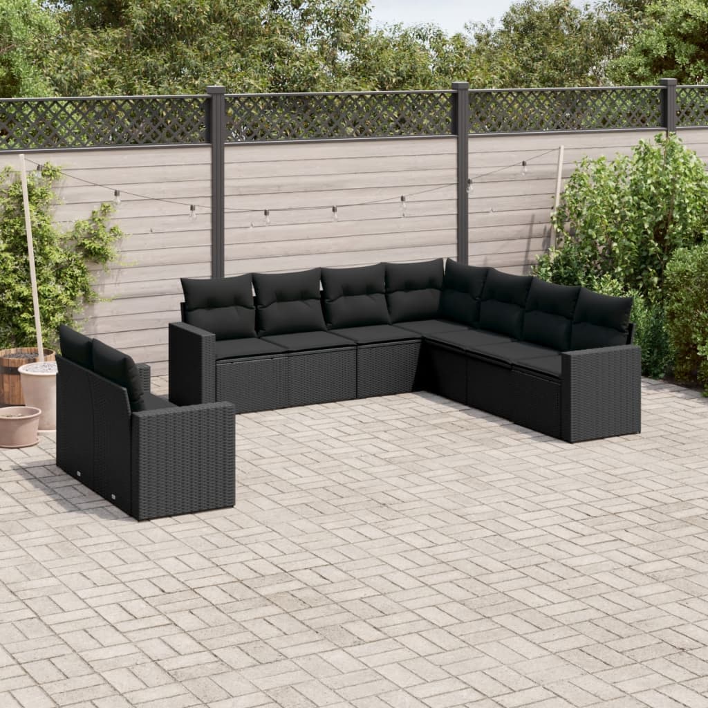 vidaXL 9-delige Loungeset met kussens poly rattan zwart