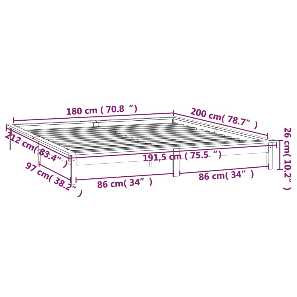 vidaXL Bedframe LED massief hout grijs 180x200 cm