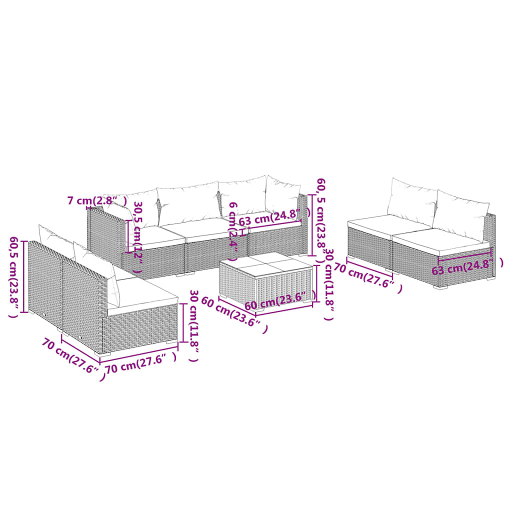 vidaXL 8-delige Loungeset met kussens poly rattan grijs